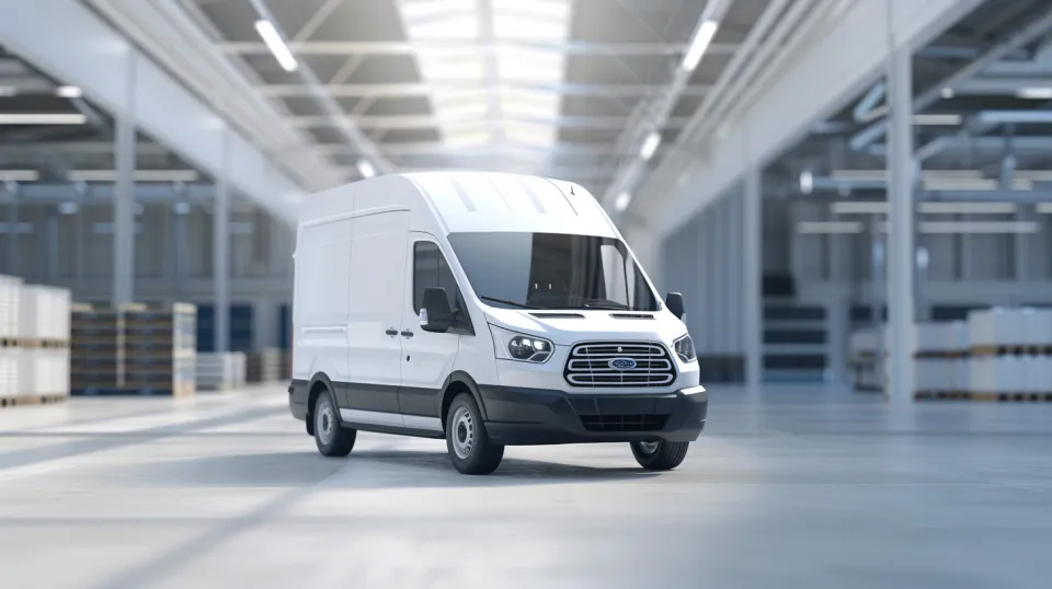 White van with cargo space against the backdrop of a modern warehouse