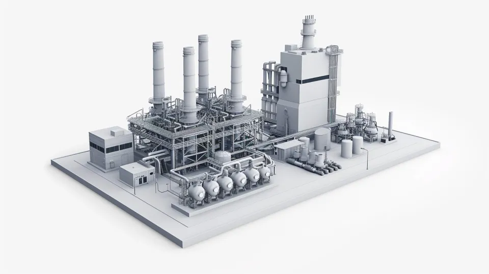 Image of a high-tech factory complex with gas turbines and equipment