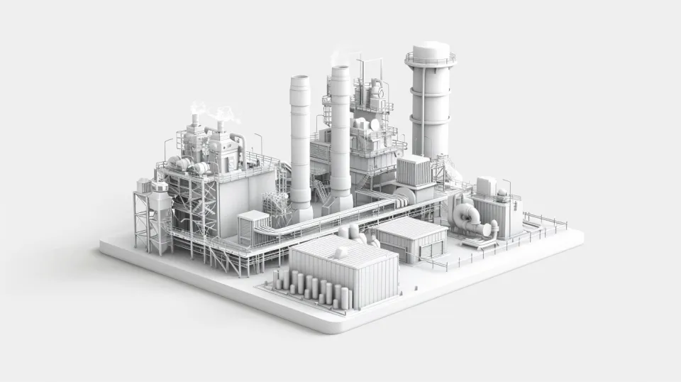 3D model of an industrial complex with pipes and equipment.