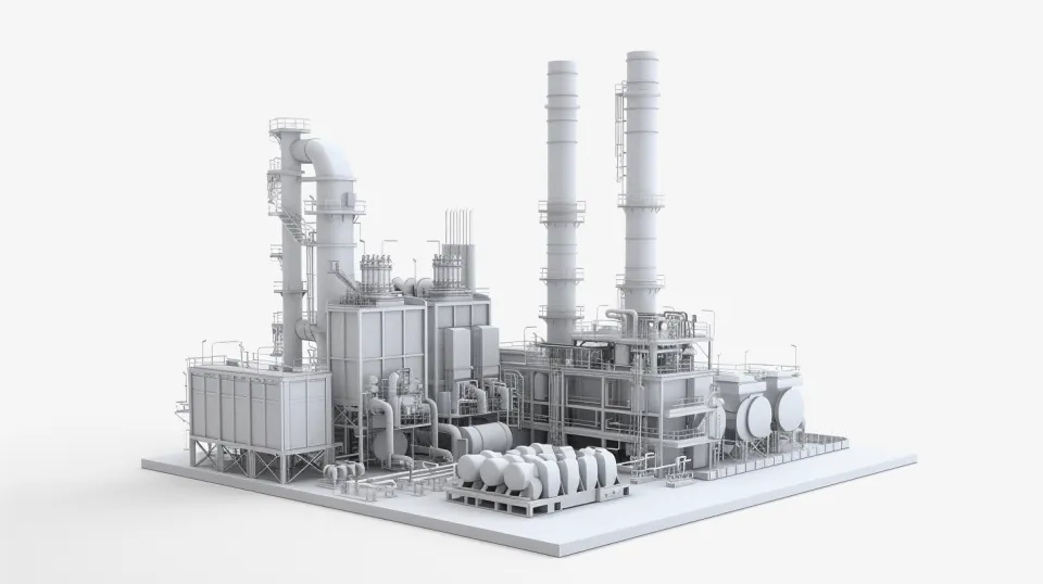 Three-dimensional image of an industrial power plant with pipes and tanks