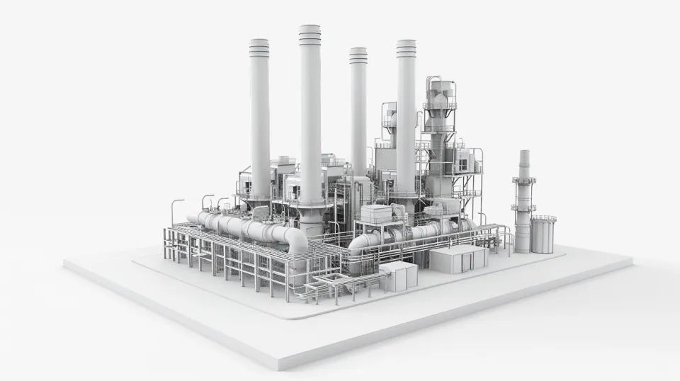 Detailed model of an industrial facility with smokestacks and equipment