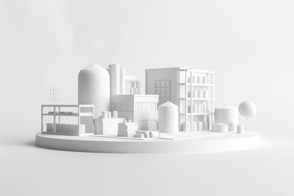 Model of a factory and warehouses on a white background