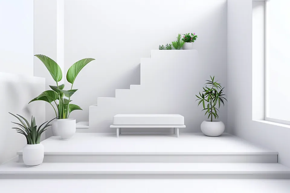 Interior elegante con paredes blancas y modelos de plantas en macetas