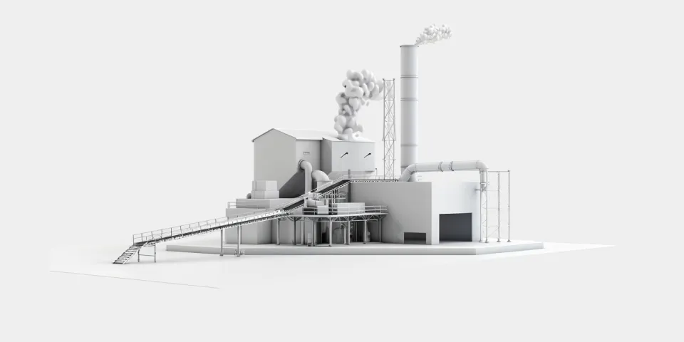 3D Model of a Factory with Smoke and Conveyor System