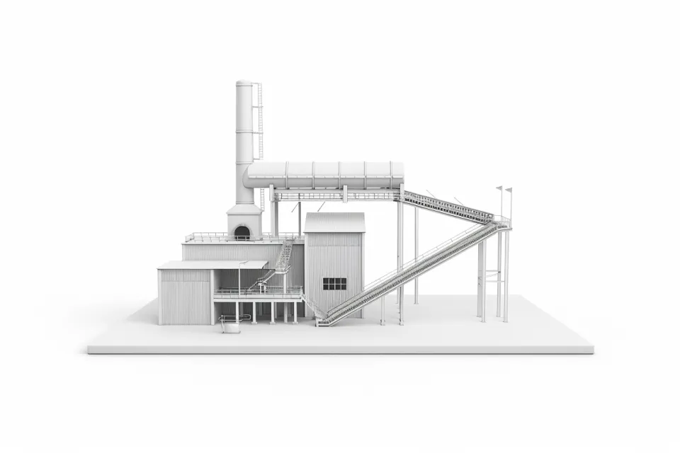 3D модель промышленного здания с вентиляционной трубой и конвейерами