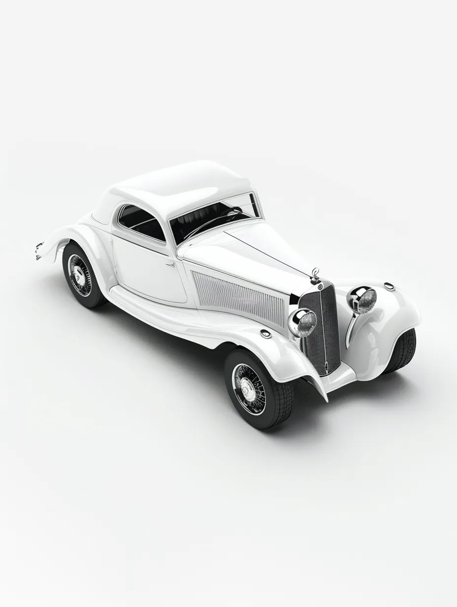 Antiguo coche clásico blanco con formas redondeadas y detalles cromados
