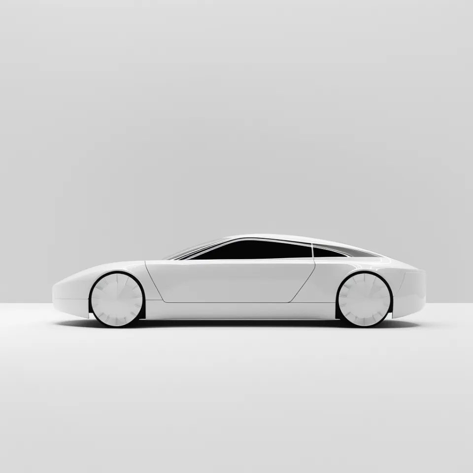 Боковой вид на гладкий белый спортивный автомобиль на нейтральном фоне