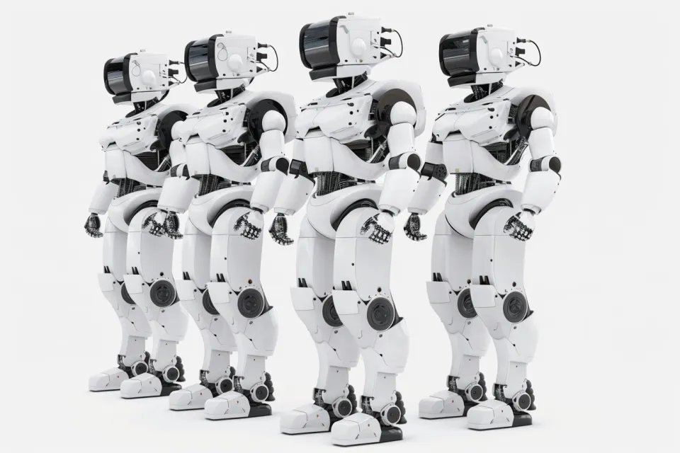 Four high-tech robots with black helmets on a white background