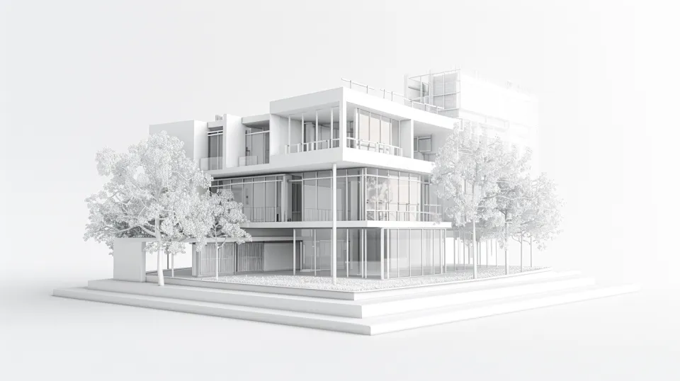 Architectural visualization of a modern building with trees