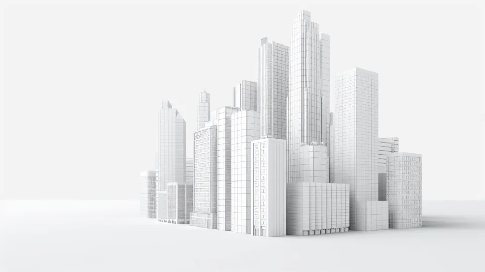Model of a modern city with high white buildings on a neutral background