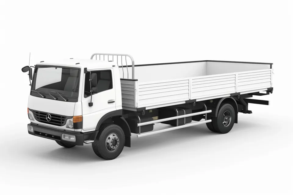 Image of a Mercedes-Benz truck with an open cargo area on a white background