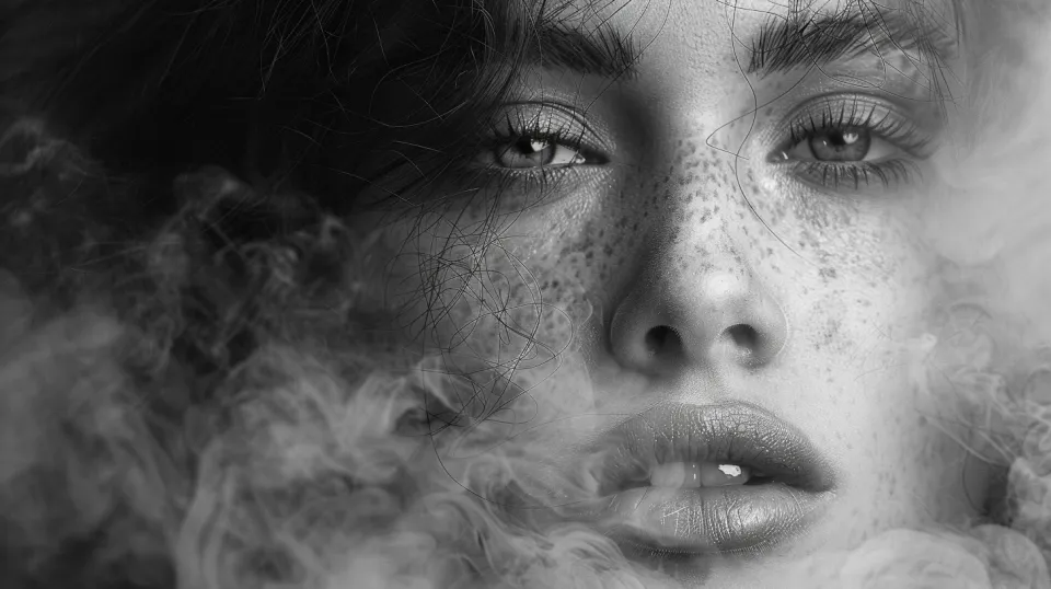 Mysterious portrait of a freckled girl against a backdrop of smoke
