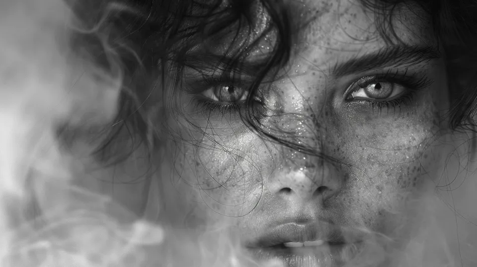 Close-up of a woman's face with transparent smoke in the background and a focus on the eyes