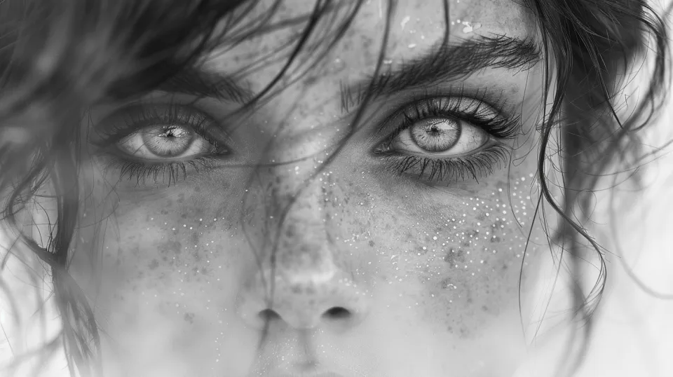 Close-up of a face with freckles and striking eyes