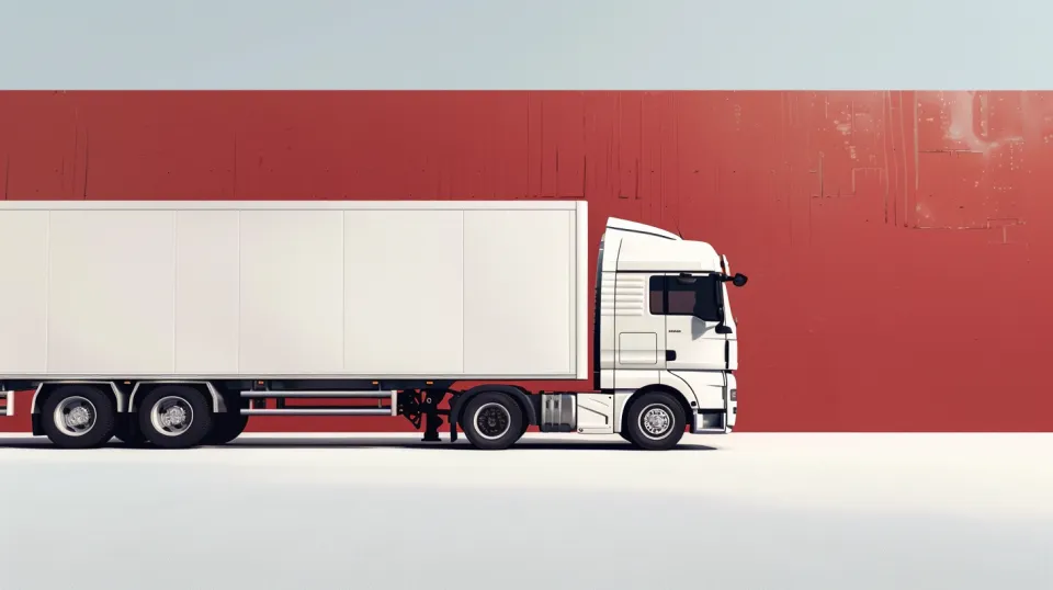 White truck with a closed body next to a red wall