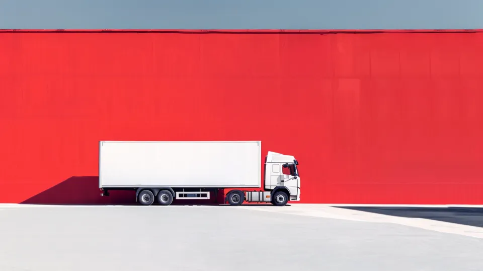 White truck against a red wall in a bright setting