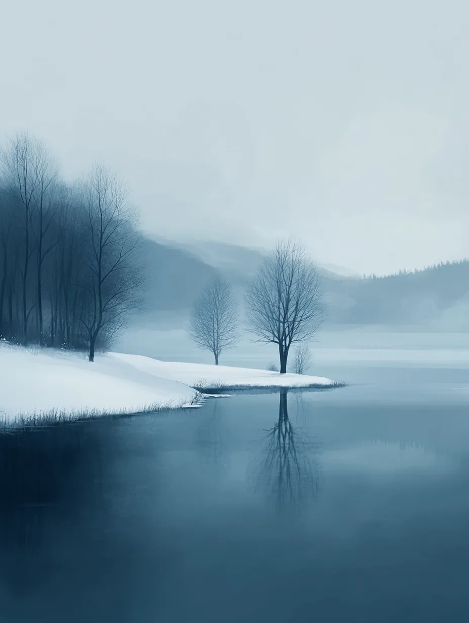 Tranquilo paisaje invernal con el reflejo de árboles en el lago
