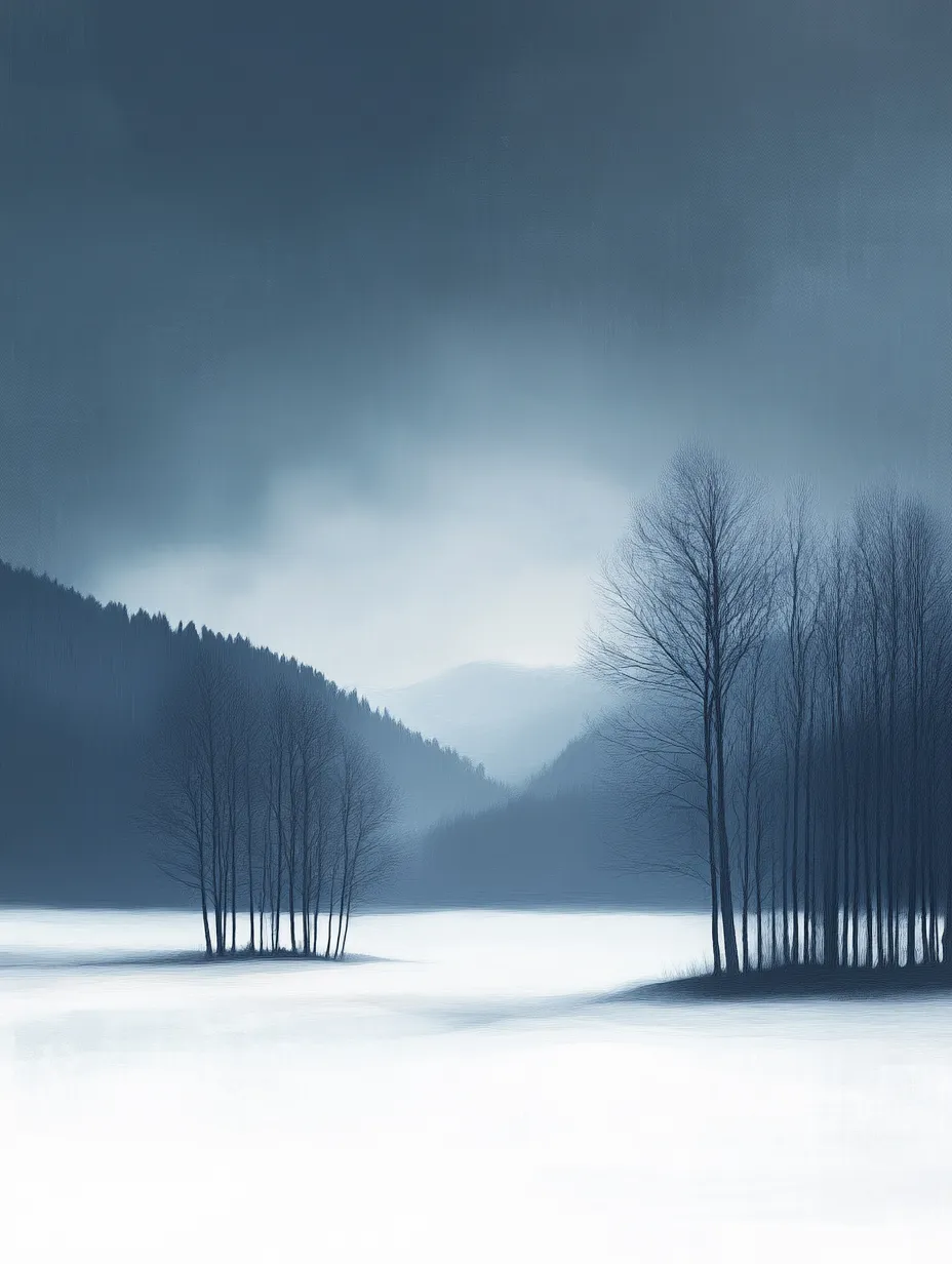 Winter landscape with silhouettes of trees and a mountain background