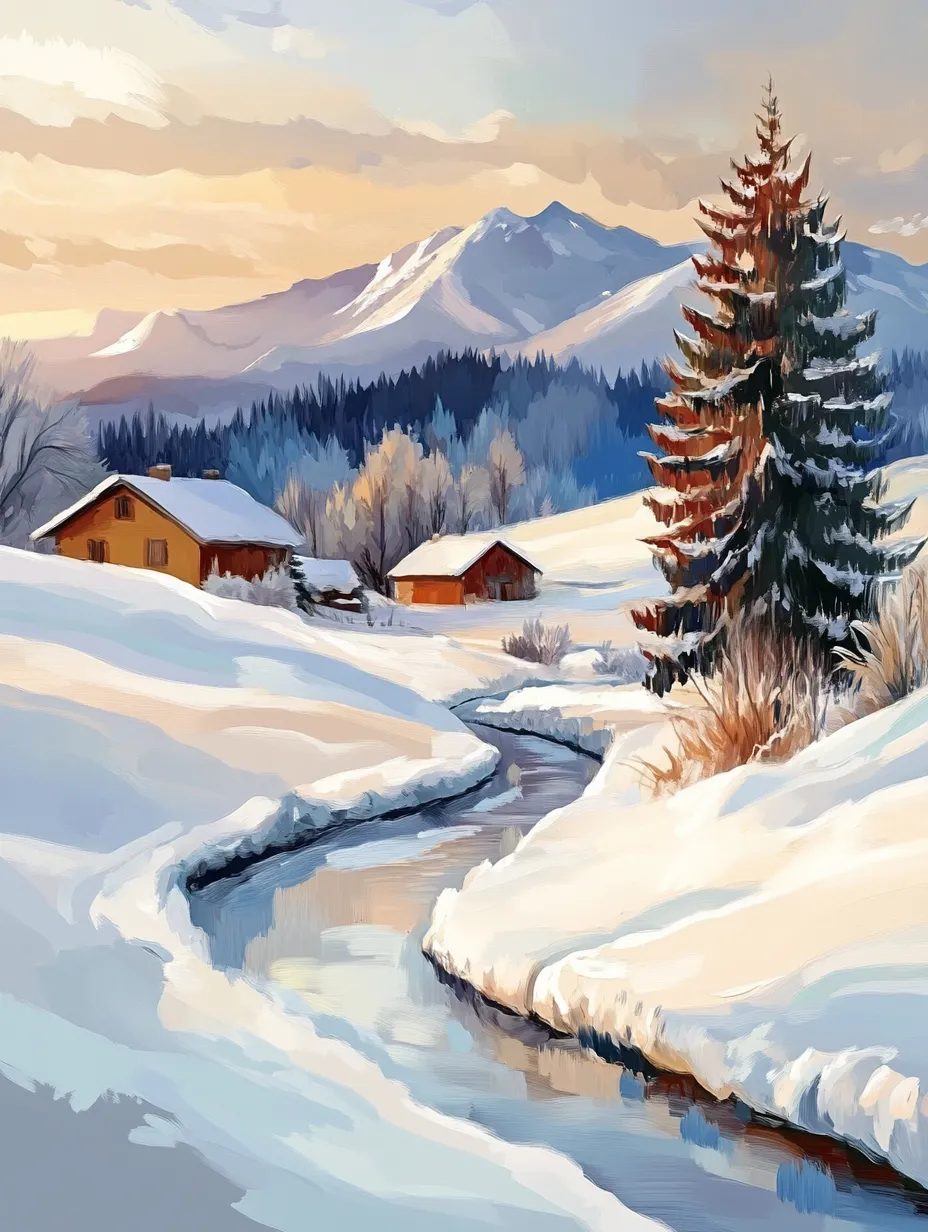 Snow-covered houses and a river against the backdrop of a winter mountain landscape
