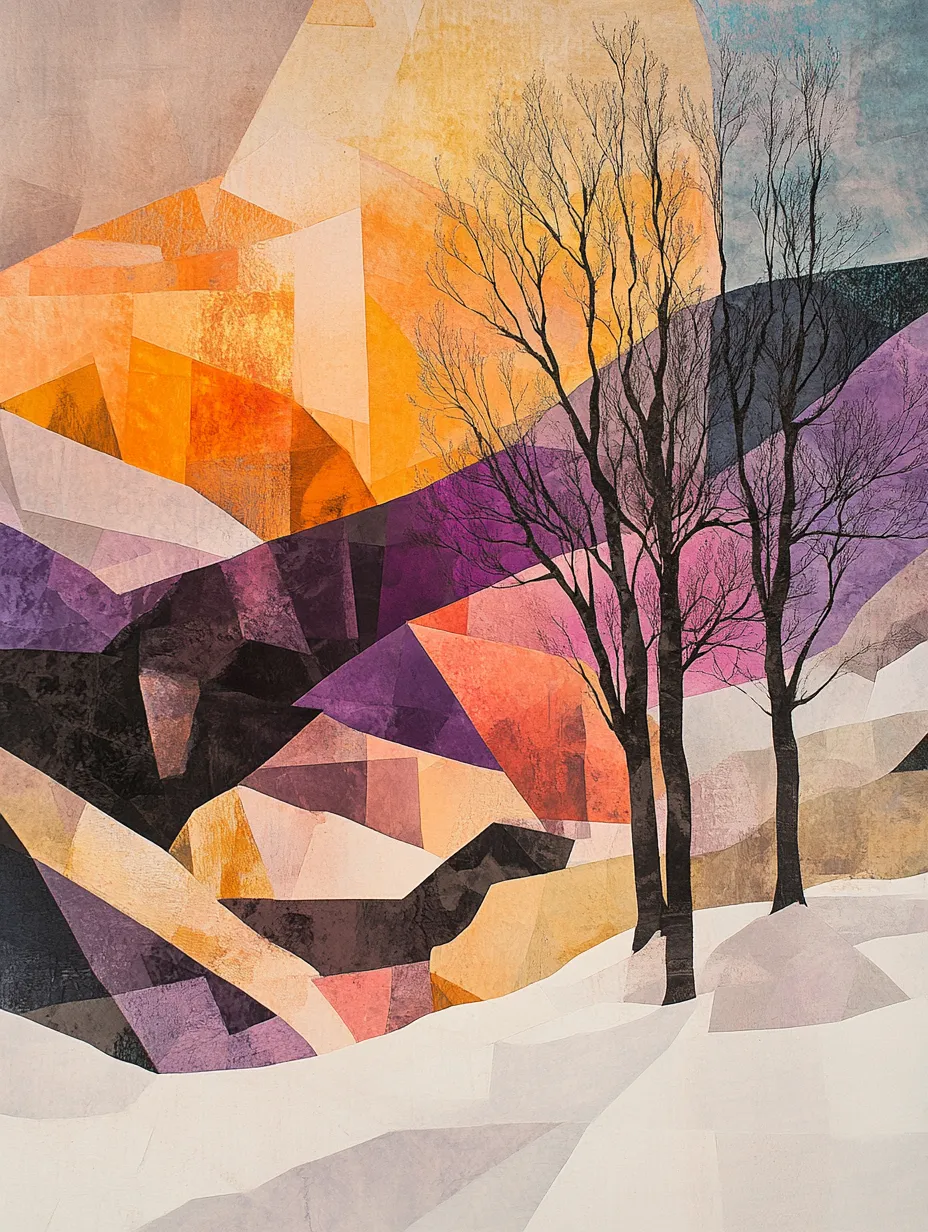 Paisaje invernal colorido con formas abstractas y árboles desnudos