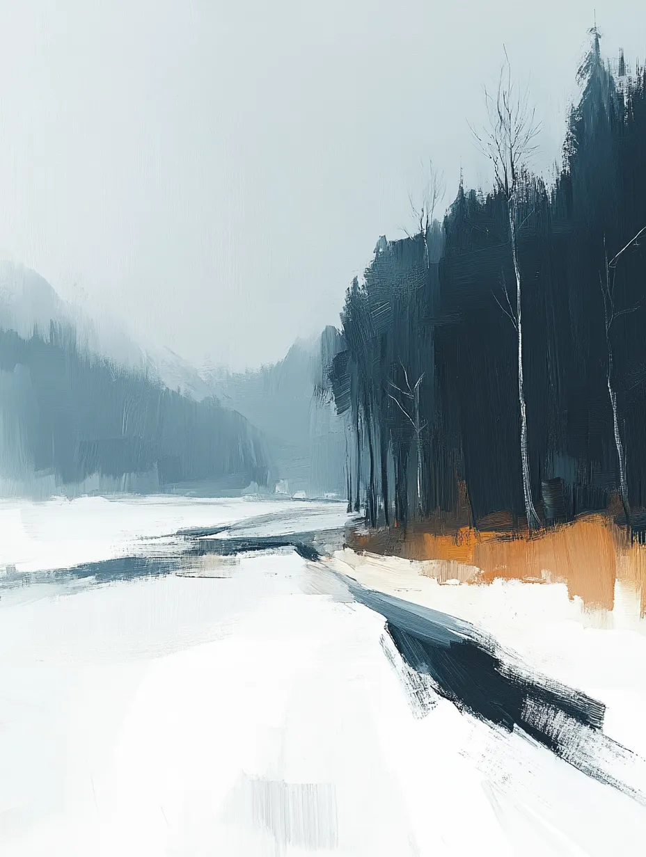 Paisaje invernal nevado con árboles lejanos y un río