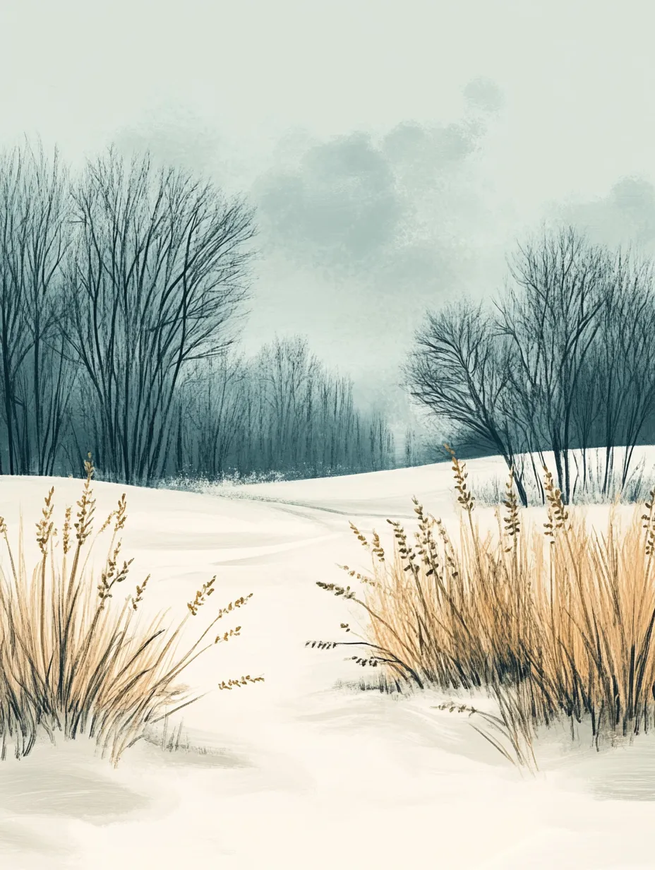 Beautiful winter scene with dried grass and trees in the background