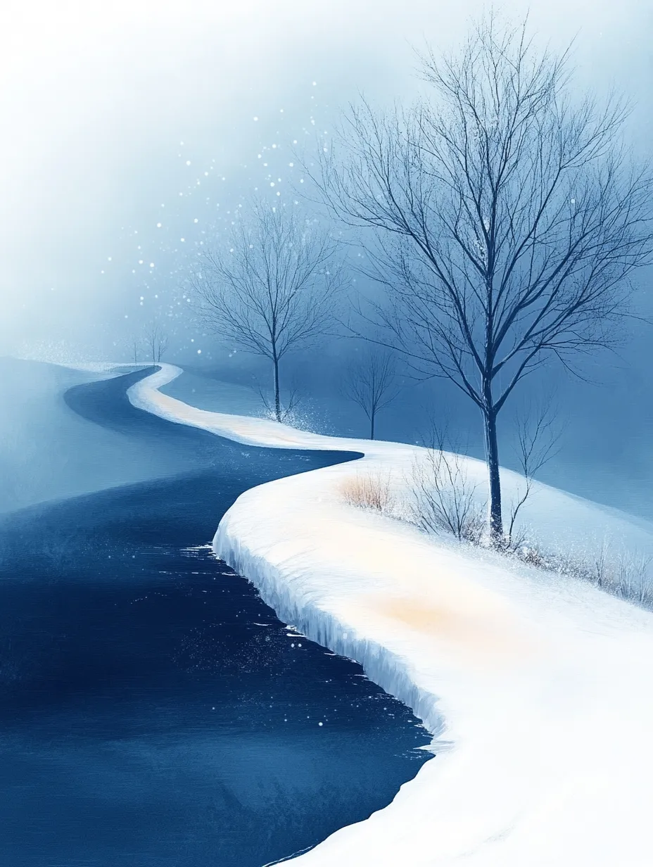 Winter Landscape with a River and Old Trees Under Snow
