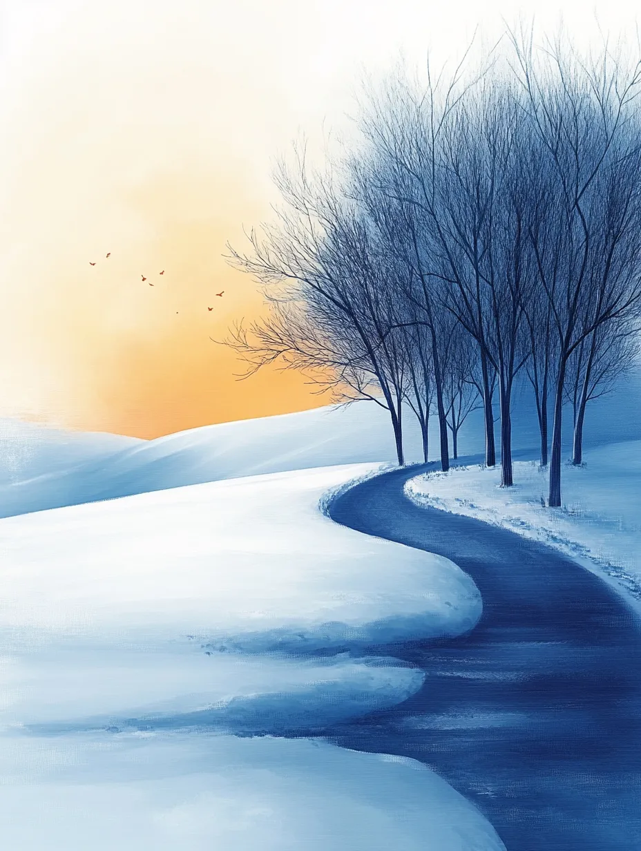 Camino nevado a lo largo de los árboles con un atardecer invernal de fondo