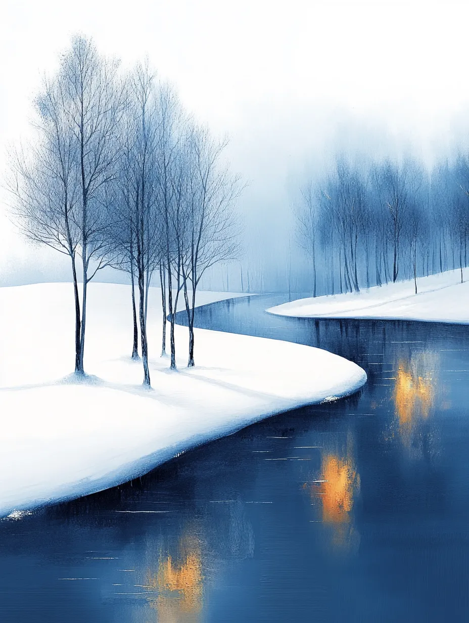 Paisaje nevado con reflejo de árboles en el río