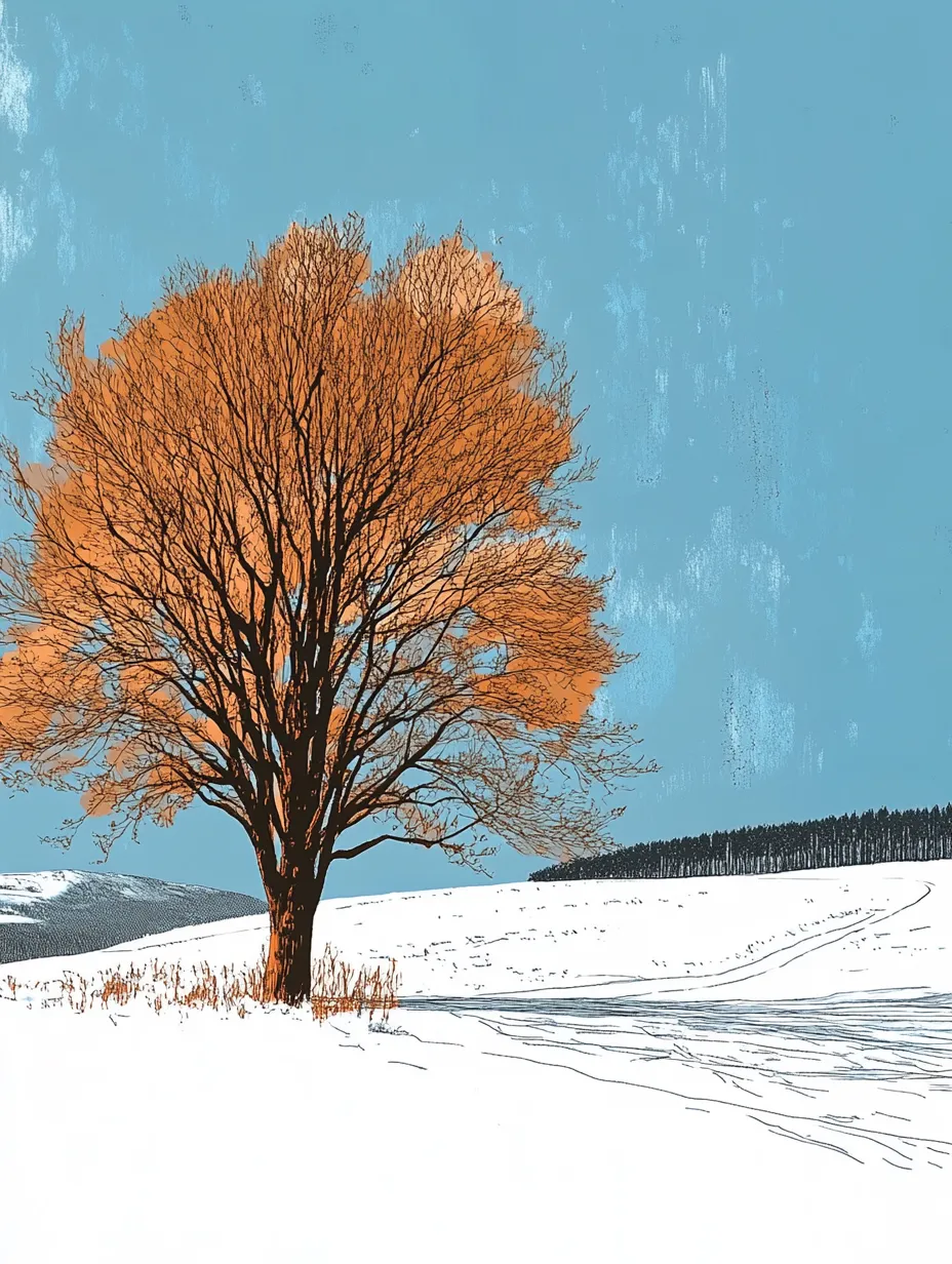 In winter, a tree with orange leaves stands against a bright blue sky