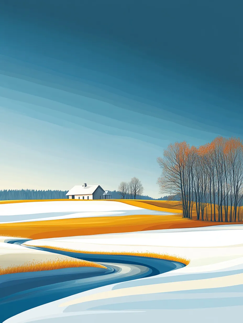 Paisaje invernal con casa en el fondo de campos nevados y un río