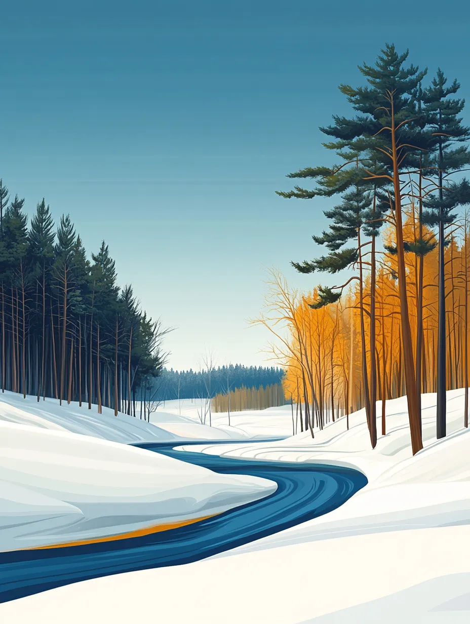 Paisaje invernal con un río serpenteante y árboles cubiertos de nieve