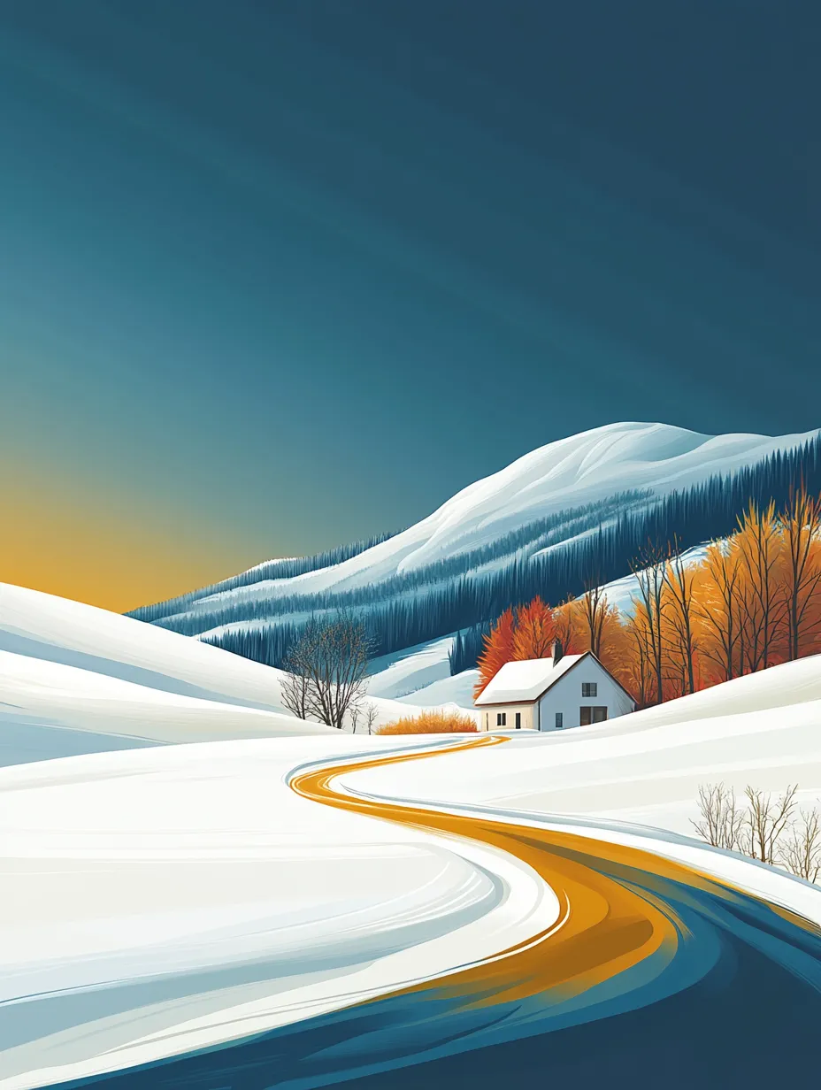 Snowy landscape with a house and a winding road against the backdrop of mountains