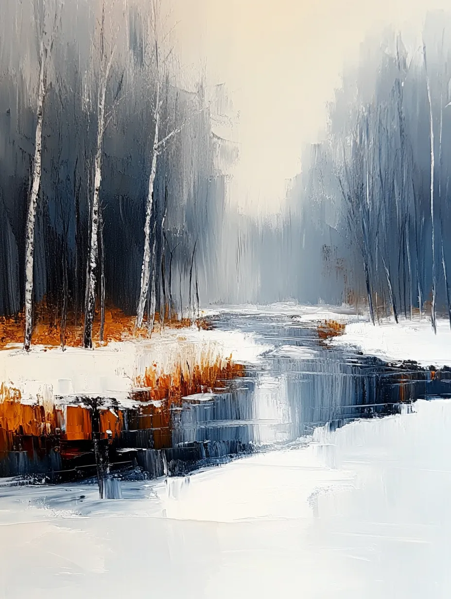 Winter Landscape with a River, White Birches, and Dark Trees