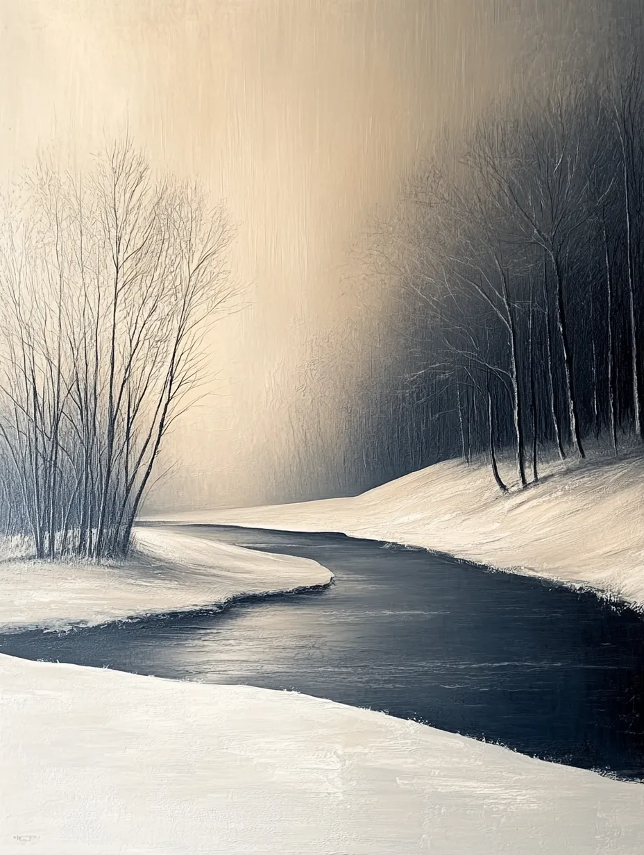 Through the winter forest, the river winds, surrounded by a blanket of snow.