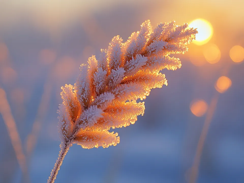 Frosted grass illuminated by bright winter sun