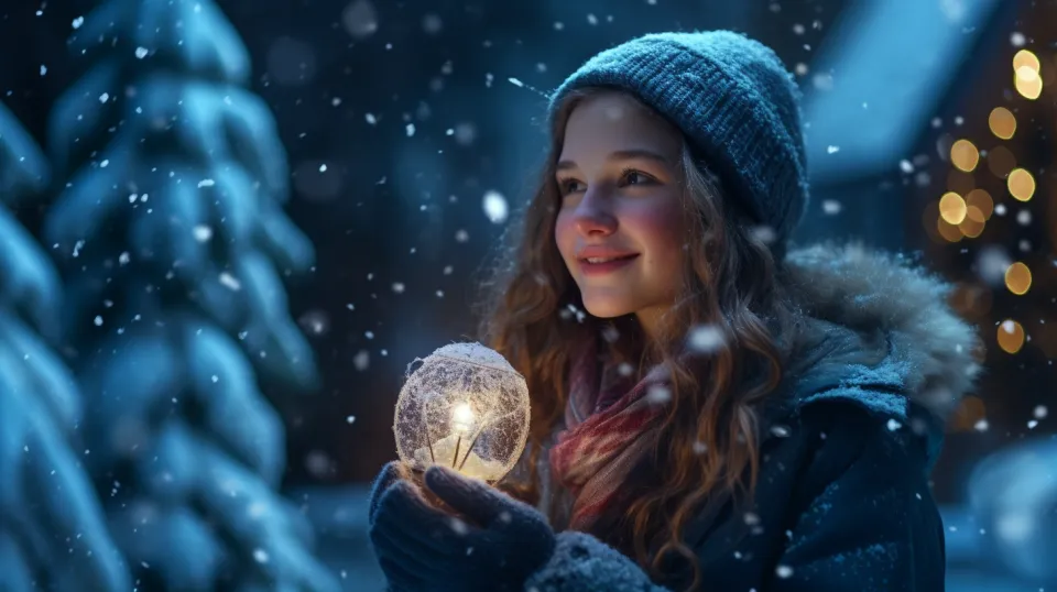 A girl holding a glowing sphere against the backdrop of snowfall and a winter forest