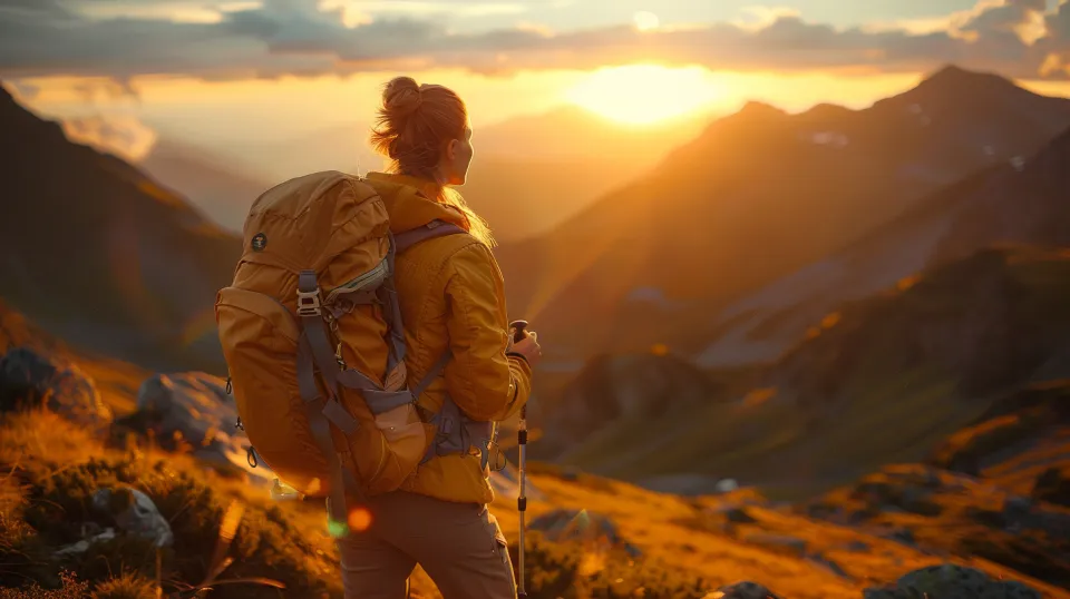 Hiker with a backpack enjoying the sunset in a mountainous landscape