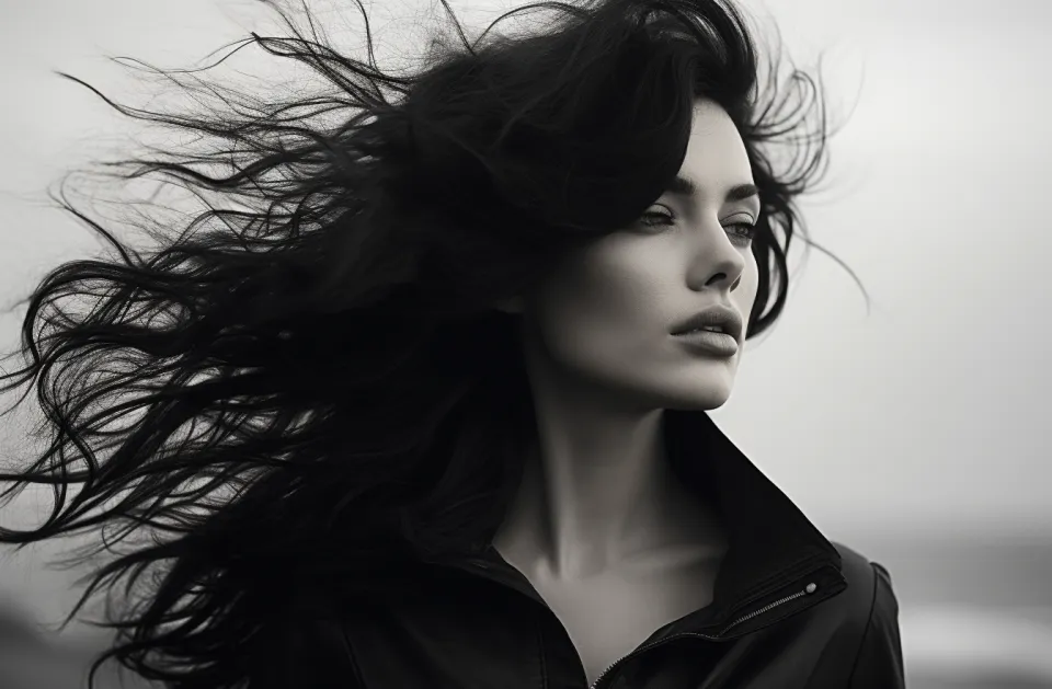 Black and white portrait of a woman with long hair against a windy backdrop