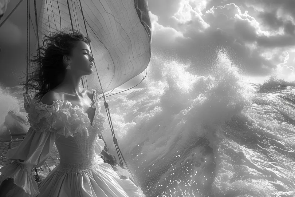 Young woman in a dress standing on a yacht by the turbulent ocean