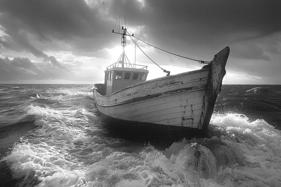 Abandoned fishing vessel in strong storm conditions at sea