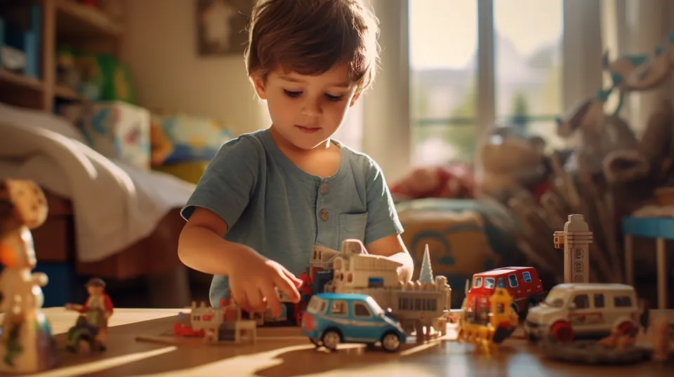 Habitación infantil, niño y variedad de coches de juguete