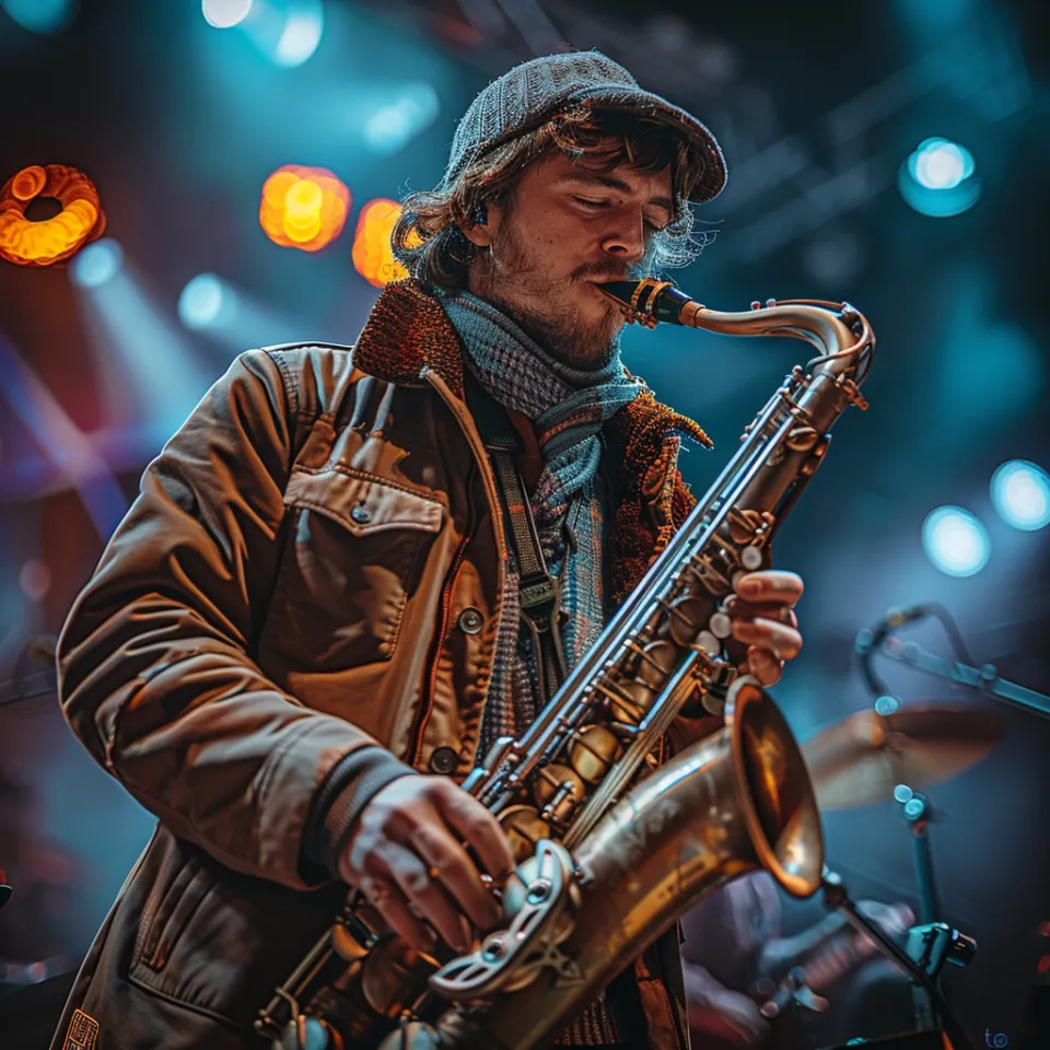 Intérprete en un concierto con saxofón, rodeado de luces de colores