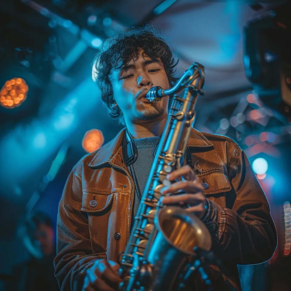 Intérprete con un saxofón en un escenario con una vibrante iluminación