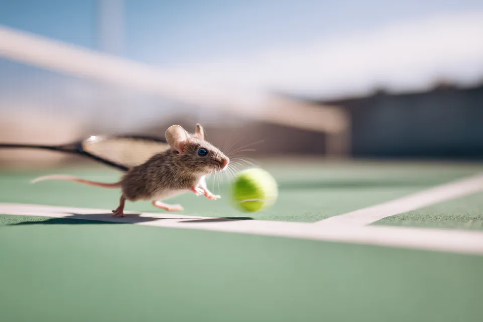 Un pequeño ratón corre hacia una pelota de tenis en la cancha