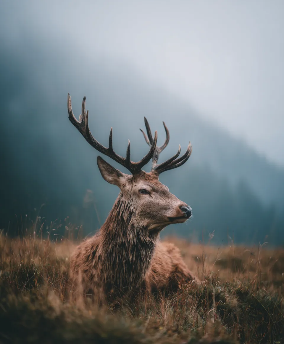 Alce macho con cuernos en la hierba, rodeado de niebla y montañas.