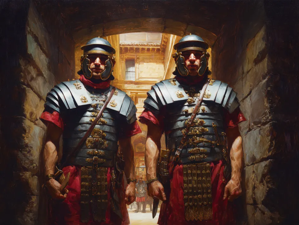 Two Roman warriors in armor against the background of an ancient room