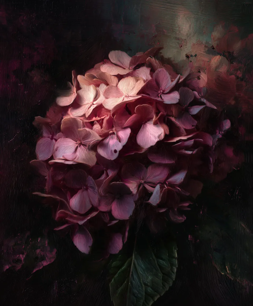 Ramo de hortensia con pétalos rosados y una hoja verde
