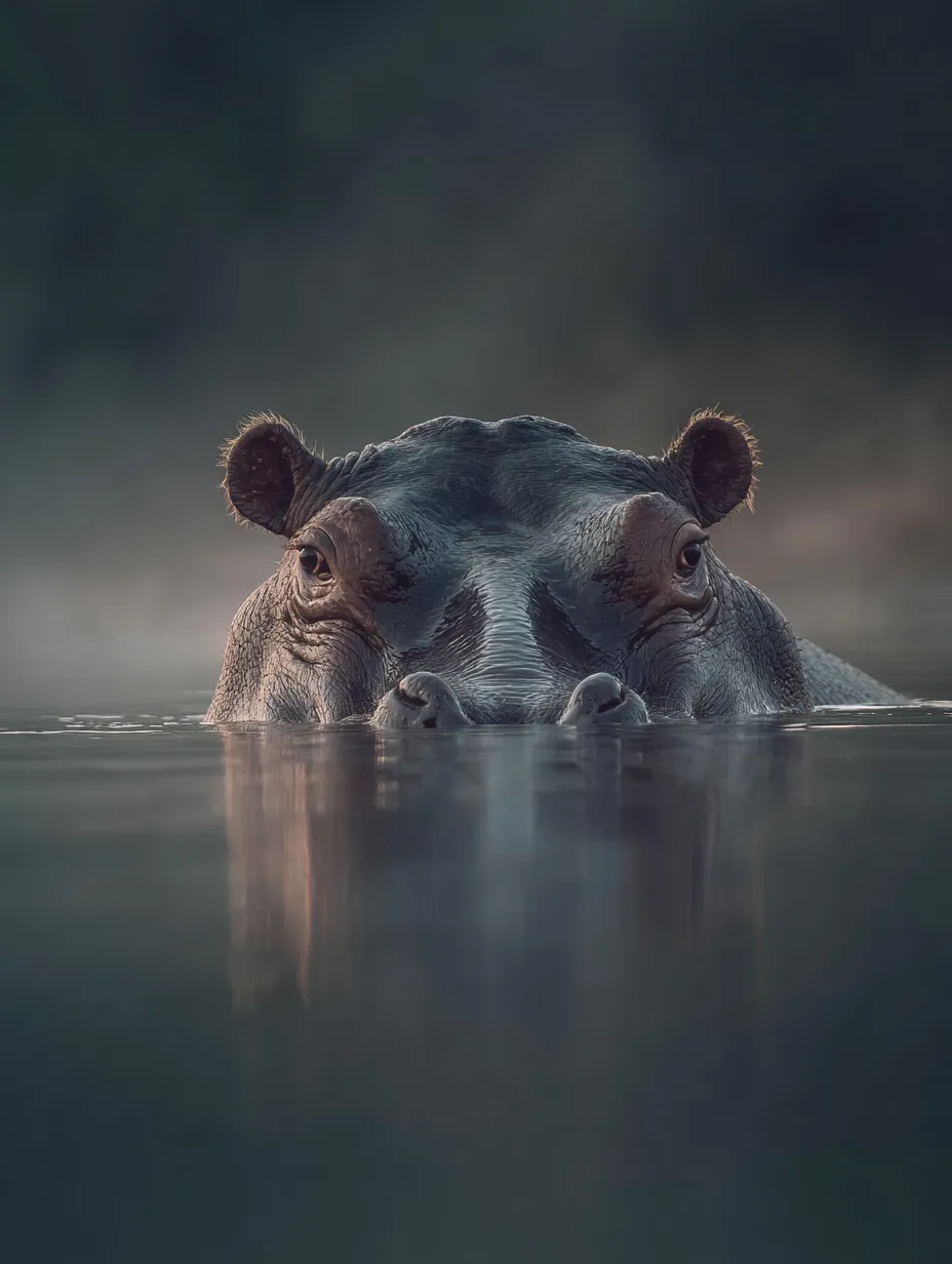 Hippopotamus showing only its head in a water environment