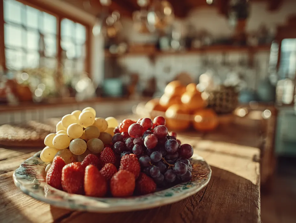 Variedad de frutas en un plato en una cocina acogedora